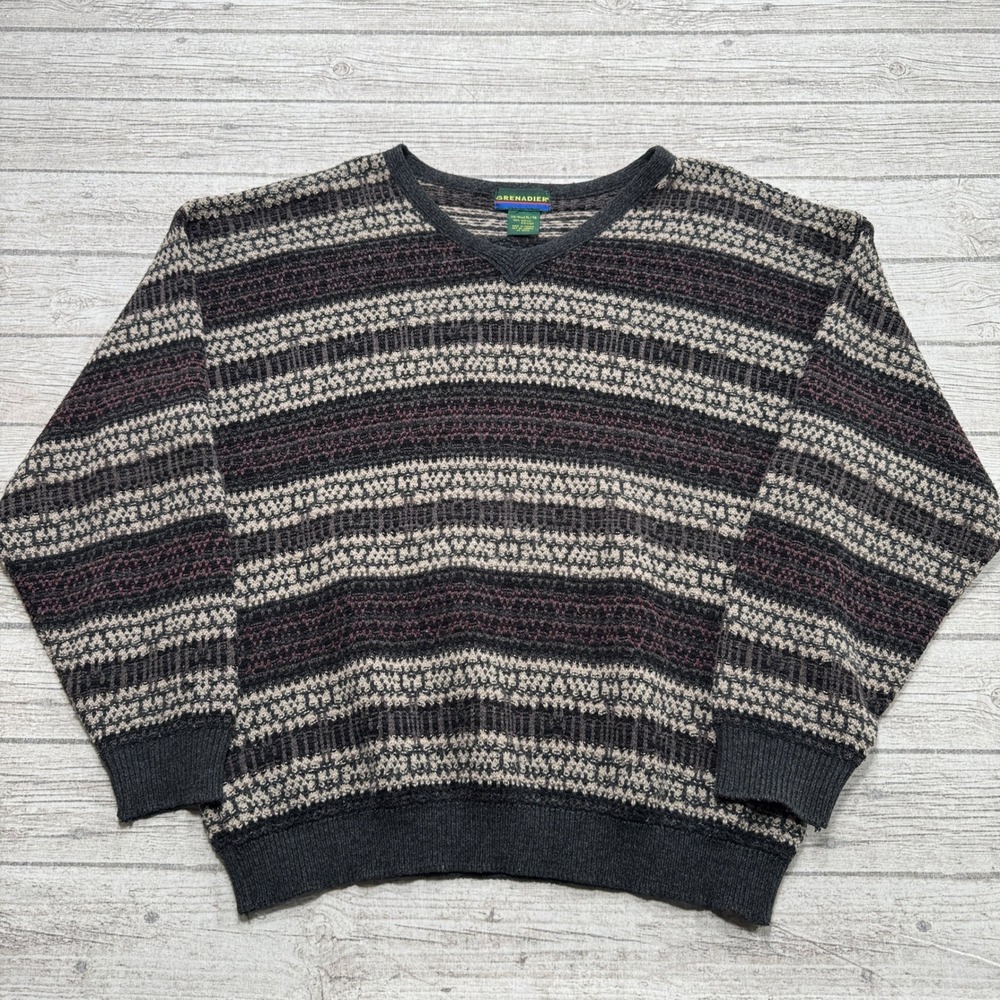 Vintage Grenadier Sweater Men's XL Gray Striped Knit Coogi Style Pullover Canada